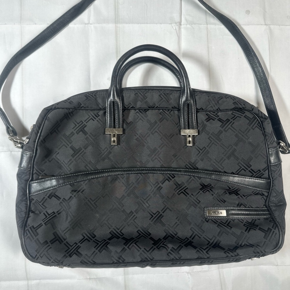 Tumi Black Monogram Laptop Briefcase With Leather Handles And Strap